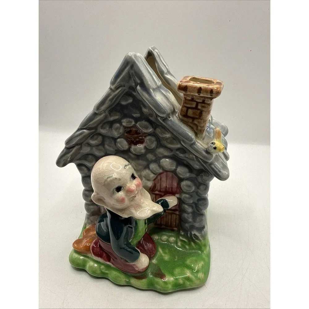 Vintage Japan Ceramic Blacksmith Gnome Log Cabin Pocket Planter Novelty Vase Vtg